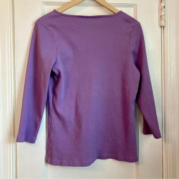 VTG Y2K Lands' End Purple Notched Neck 3/4 Sleeve Ribbed Tee Women’s Medium - Picture 2 of 6